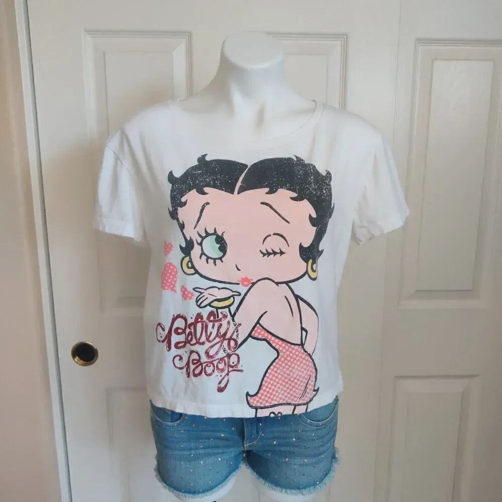 Betty Boop blowing kisses glitter letter crop tee sz L